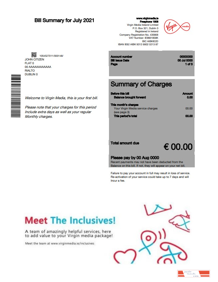 Ireland Virgin Media utility bill template in Word and PDF format, version 2